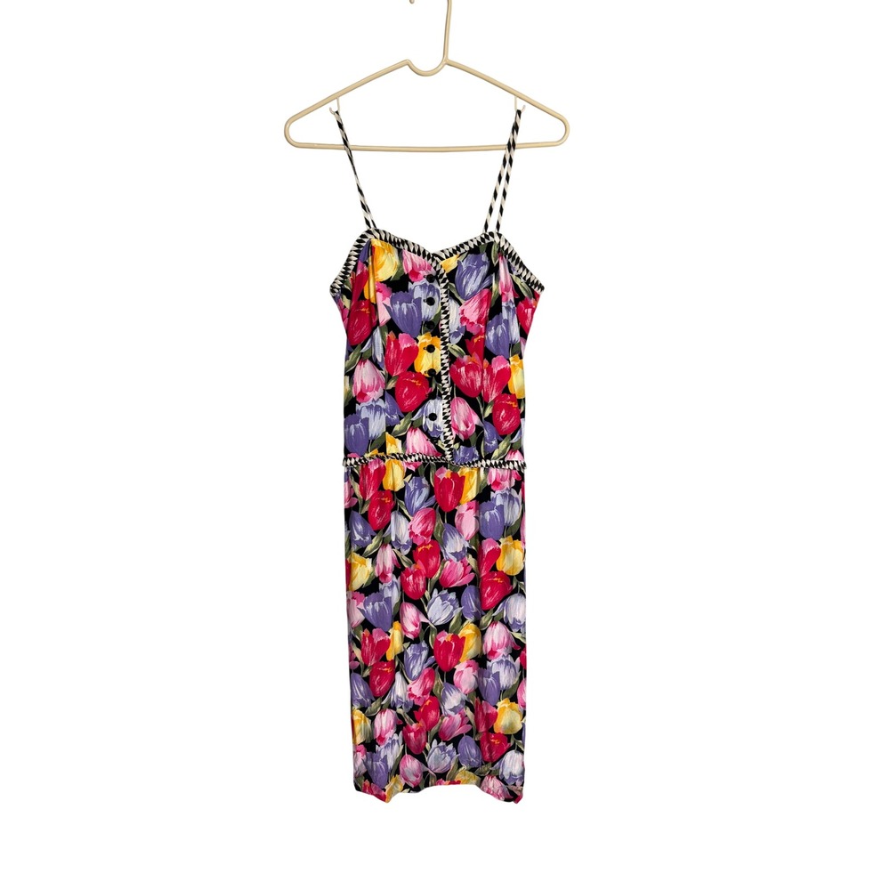 Vintage 80s Fosha Tulip Print Rayon Sundress USA Made Artsy Floral‎ Dress